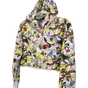 Looney Tunes All Over Print Cartoon Character Cropped Hoodie Sweatshirt Size MED